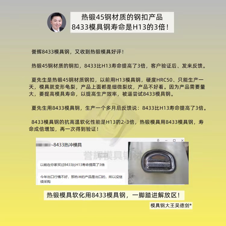 如何減少鍛造模具開裂現象？用抗高溫韌性好的譽輝8433模具鋼不開裂